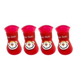 Cartoon Pet Boots Silicone Waterproof Non-slip Soft Bottom Summer Cat Supplies (Option: Red-S)